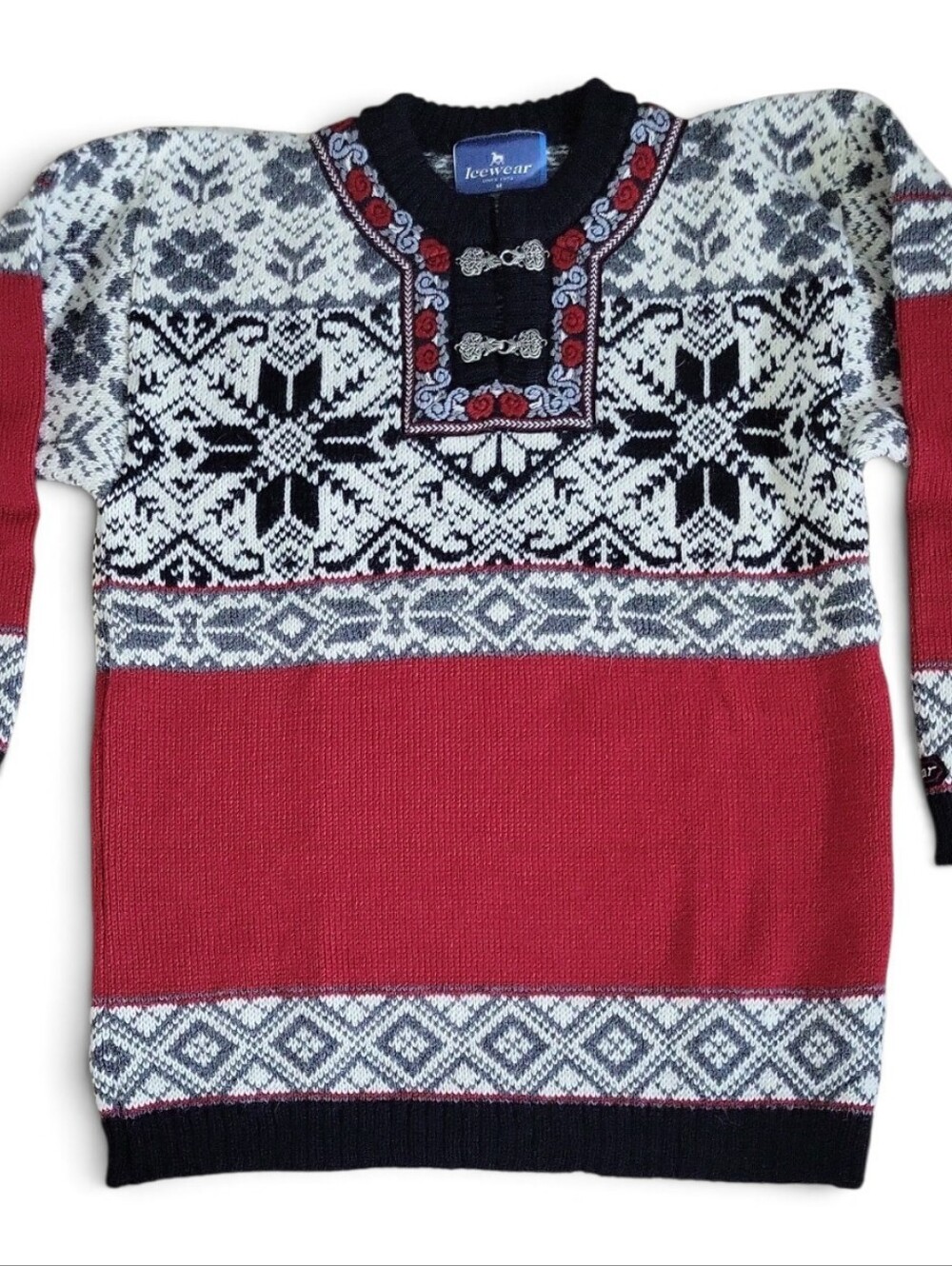 Icewear Norwegian-Style Red Knit Sweater with Nordic Pattern Unisex Size M